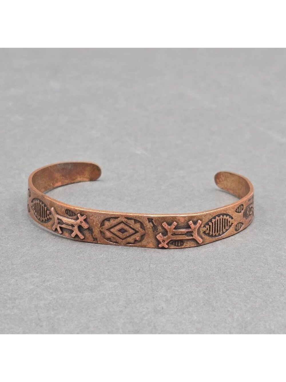 Vintage Southwestern Copper Storyteller Cuff Bracelet 6.75" Hand Stamped